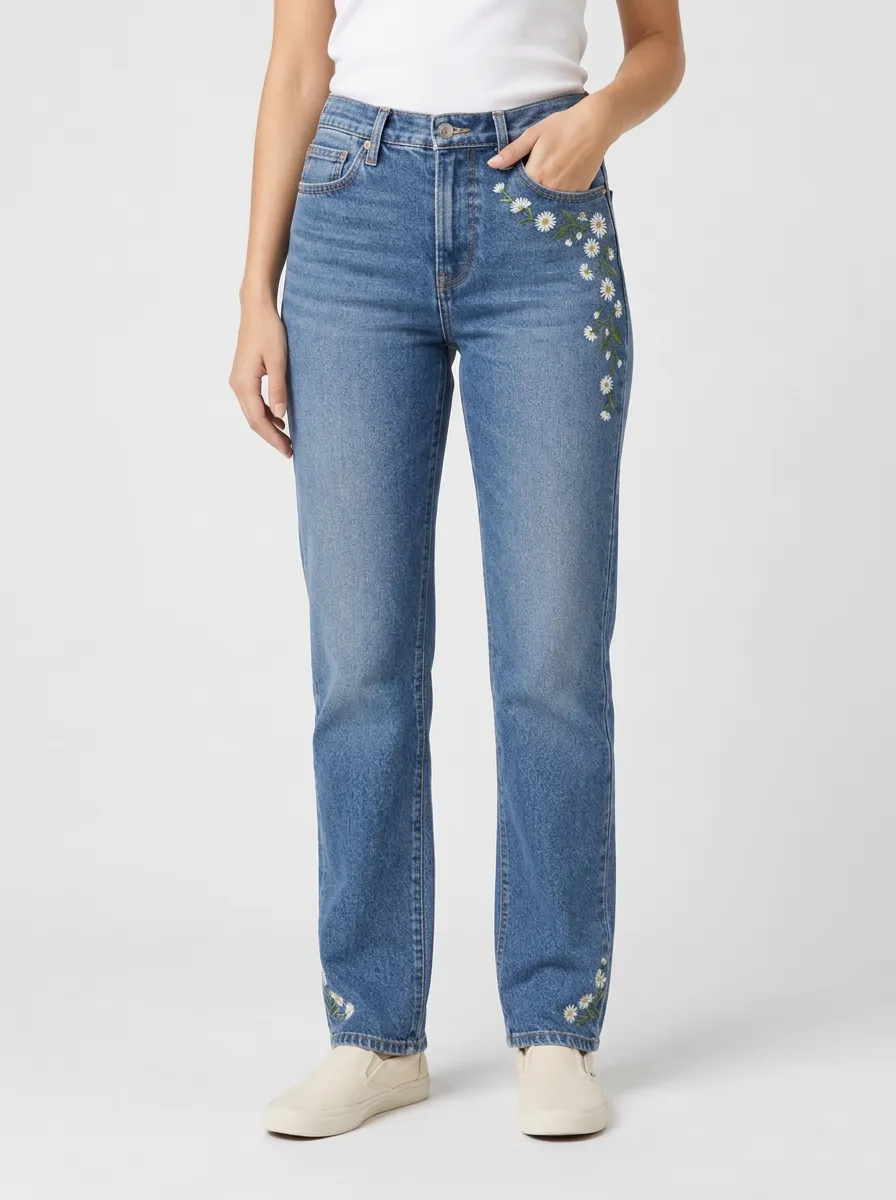 Refined Straight Leg Mid Rise Denim Jeans