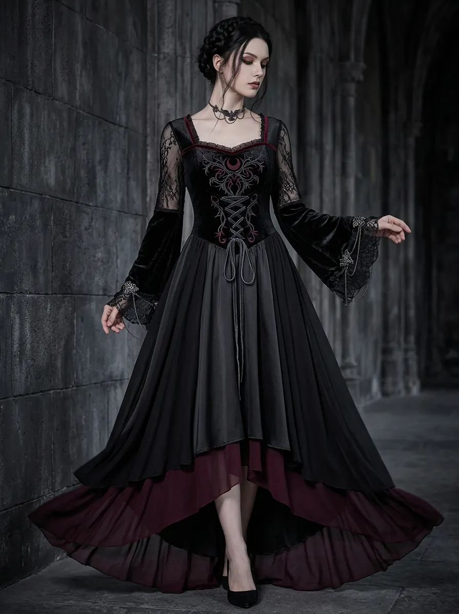 Dark Romantic Moon Lace Look Women's Gothic Dress