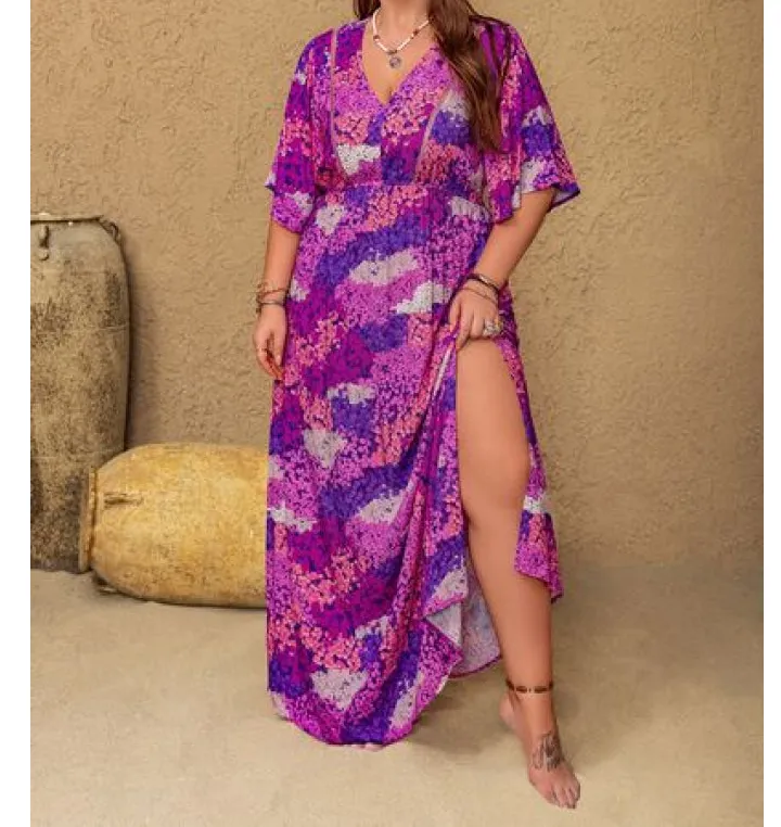 Plus Size Slit Printed Half Sleeve Maxi Dress