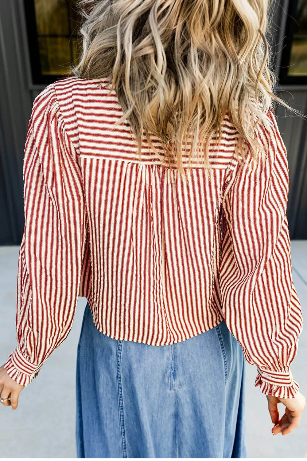 Women's Striped Textured Long Sleeve Blouse