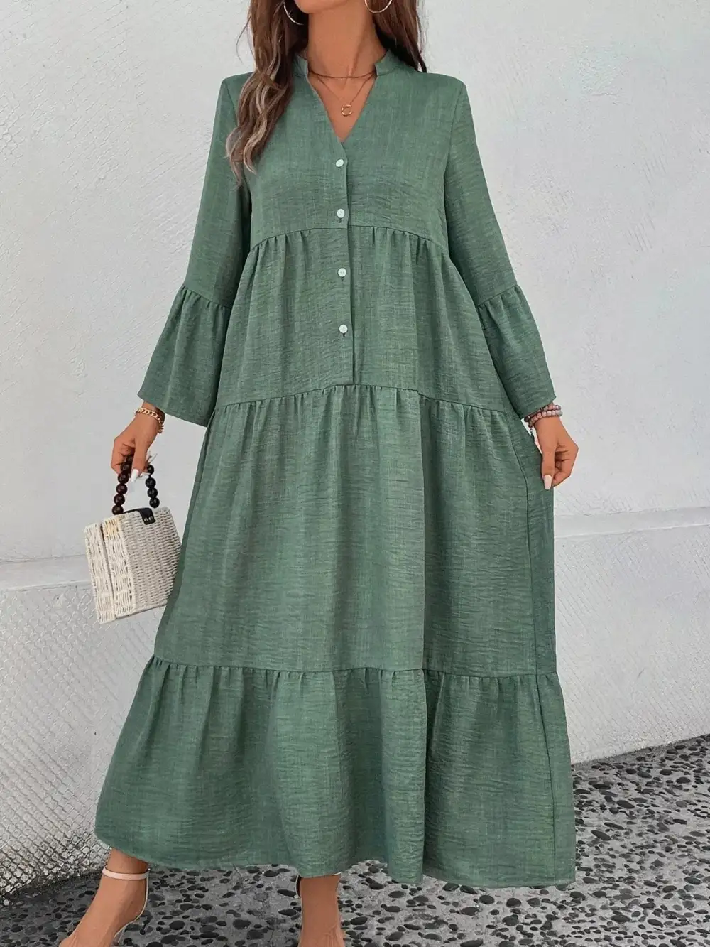 Button Front Ruffle Tiered Dress Casual
