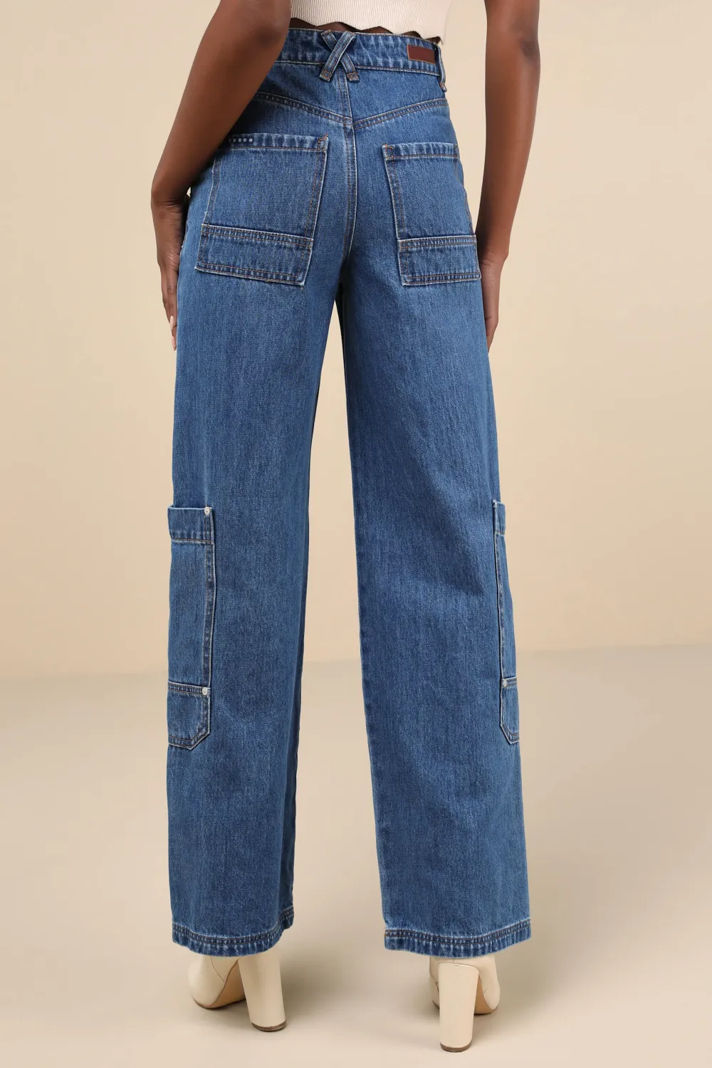 Daily Medium Wash Cotton Denim High-Rise Wide-Leg Cargo Jeans