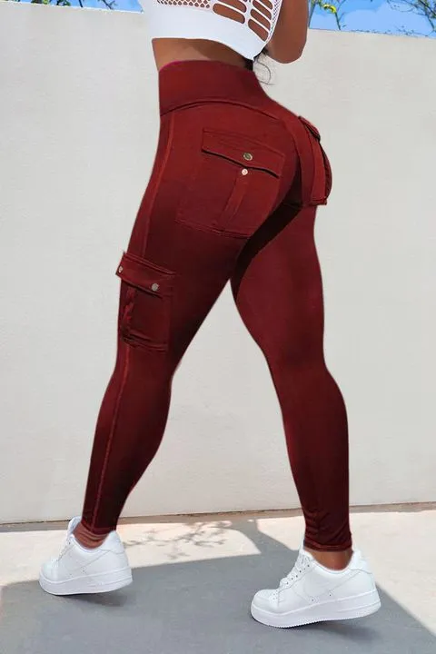 Solid Flap Pocket High Waist Leggings
