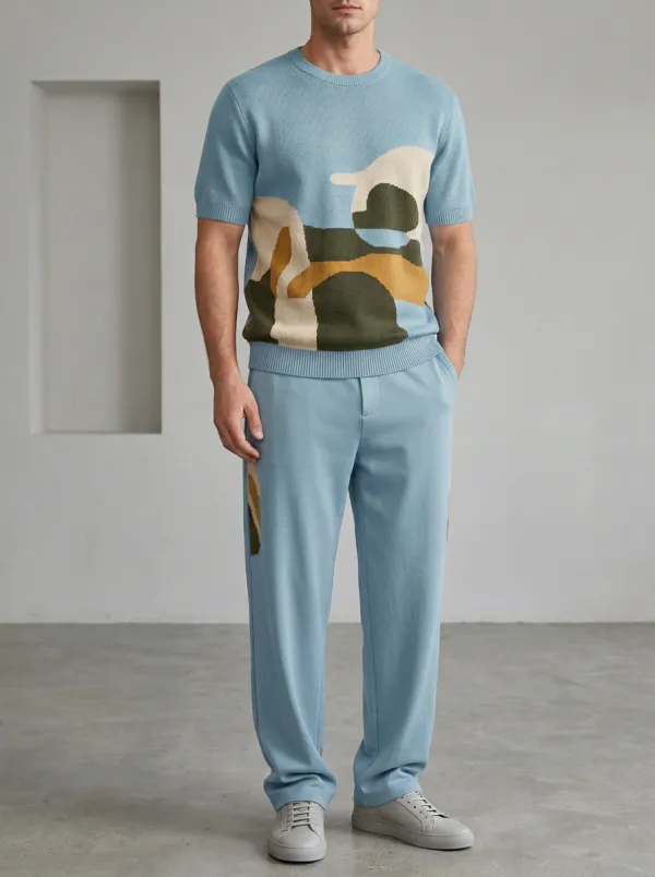 Men's Abstract Geometric Pattern Printed Knit Casual Set