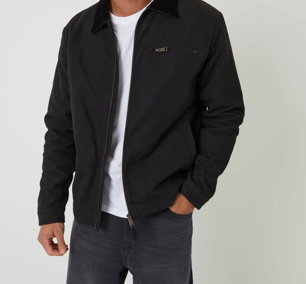 Black Cotton Canvas Jacket With Corduroy Collar