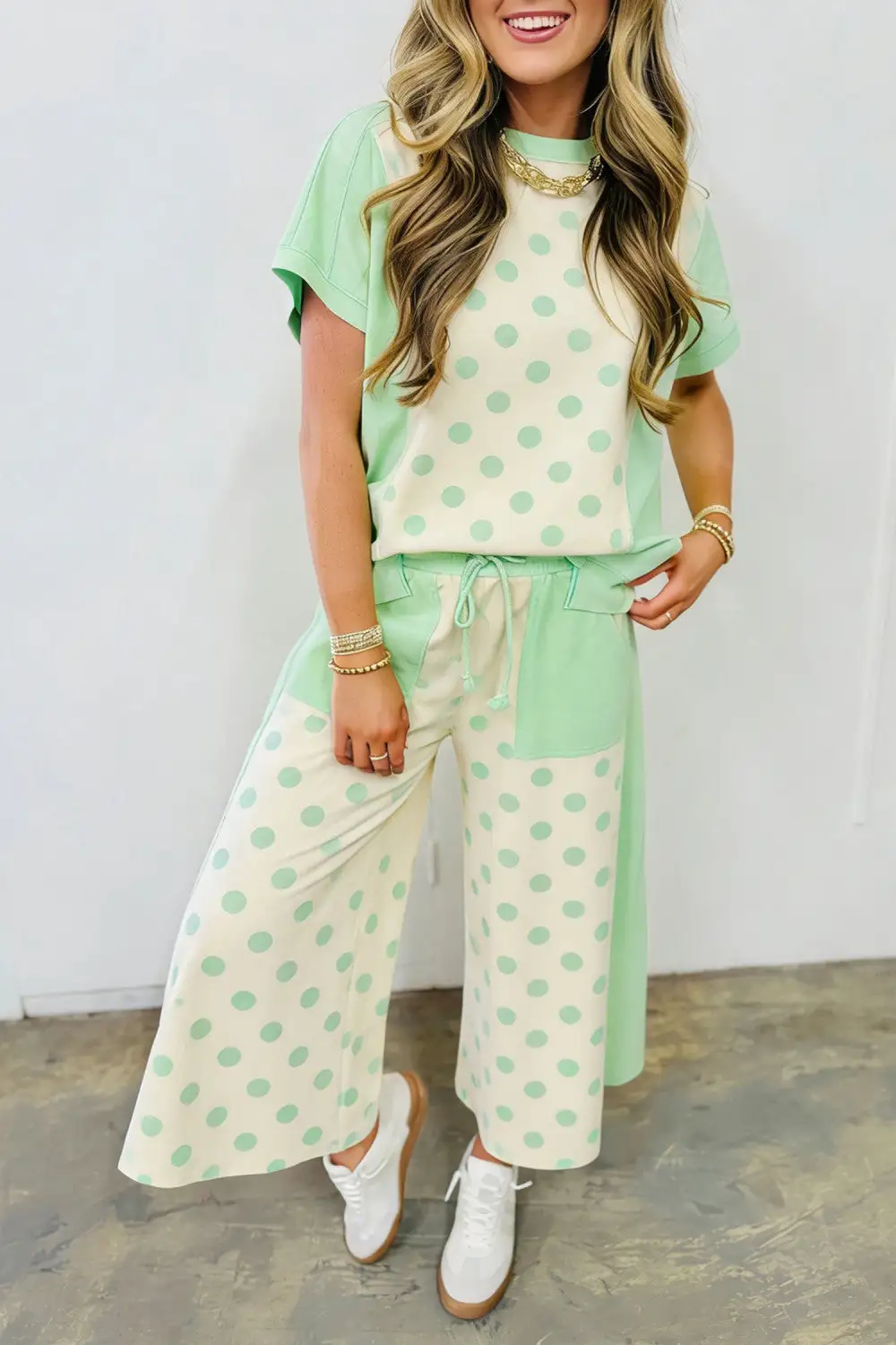 Casual Patchwork Polka Dot Wide Leg Two Piece Set