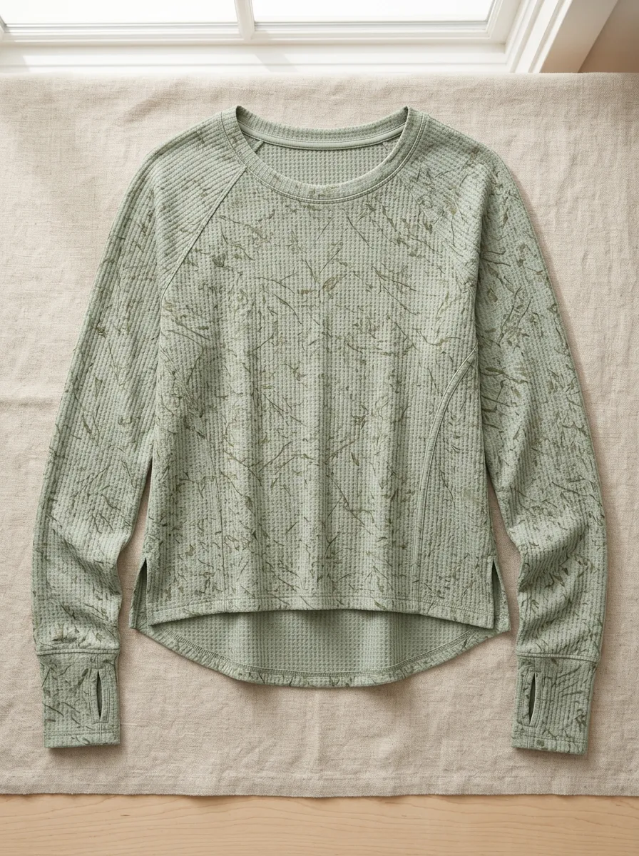 Women's Athletic Sage Green Marble Printed Waffle Knit Top