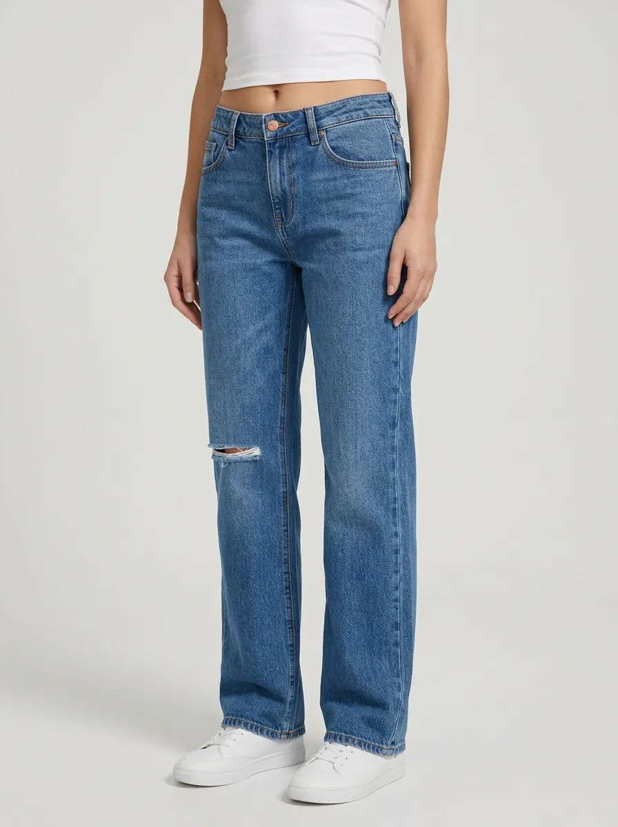 Women's Reinforced-Rivet Right-Knee Distressed Mid-Rise Straight-Leg Jeans