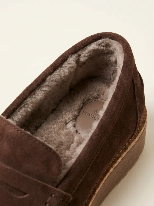 Women's Trail Faux Fur Lined Platform Suede Wood Sole Loafers