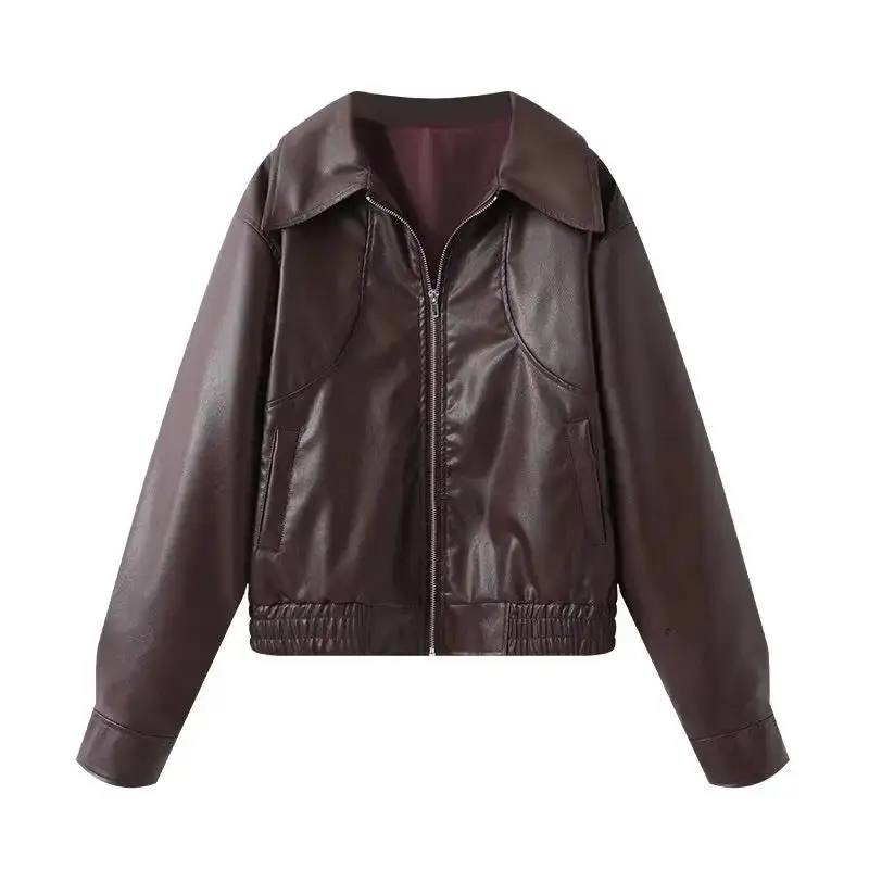Tailored Faux Leather Lapel Collar Zip Front Bomber Jacket