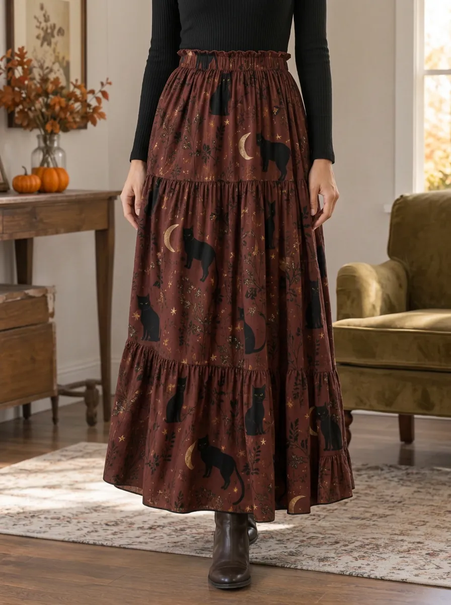 Women's Halloween Witchy Black Cat Moon Tiered Maxi Skirt