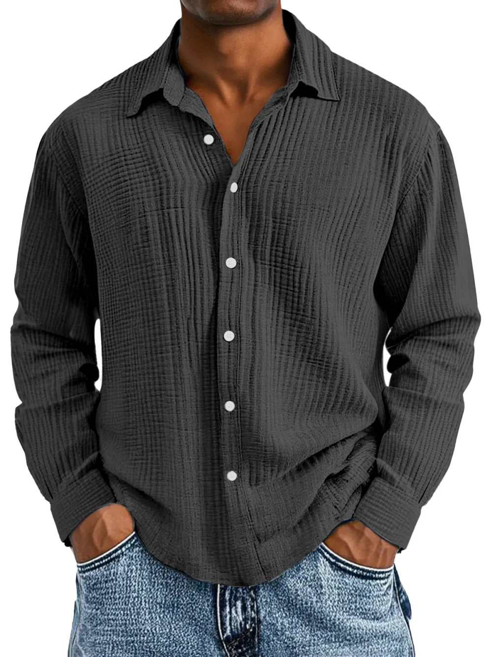 Layered Long Sleeve Camp Collar Pleated Front Shirt