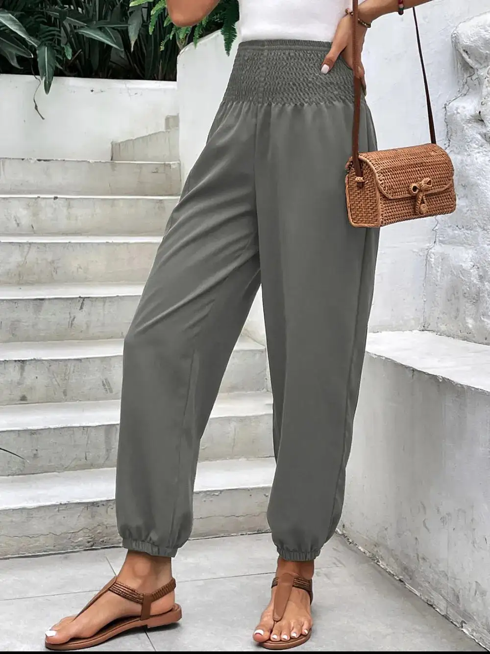 Jogger High Waist Smocked Waist Pocketed Pants