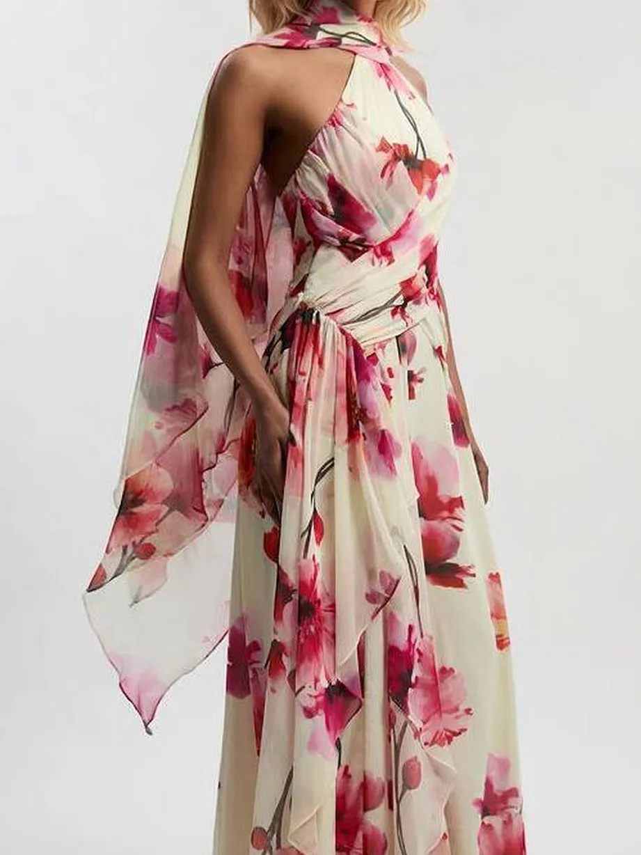 Watercolor Floral Print Backless Maxi Dress