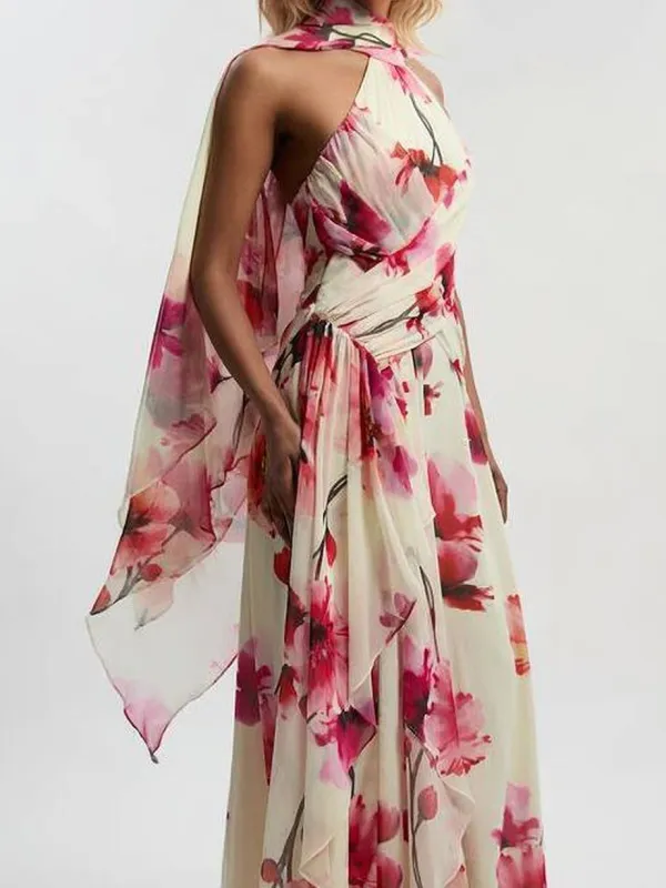 Watercolor Floral Print Backless Maxi Dress