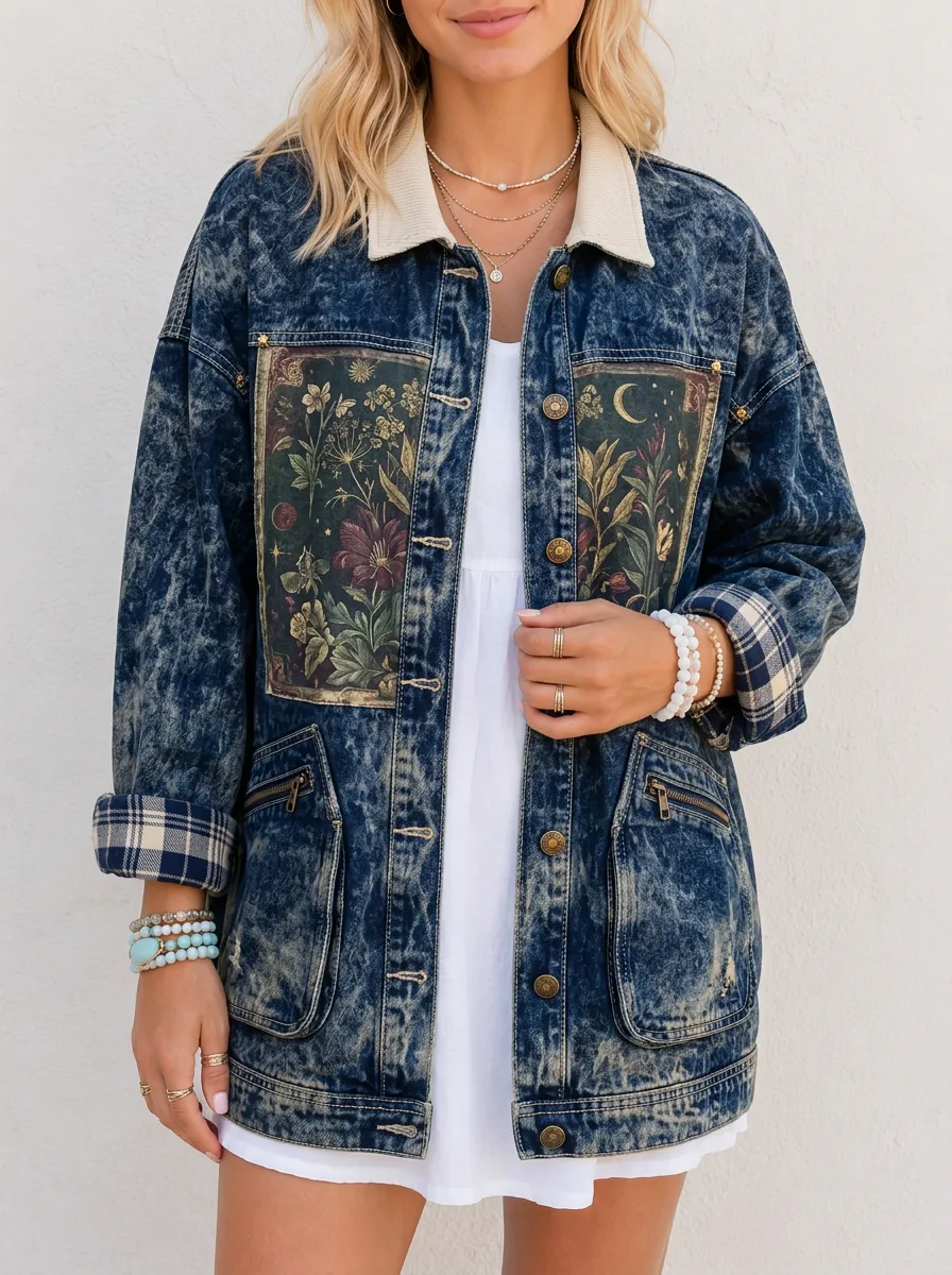 Women's Botanical Moon Floral Acid Wash Printed Denim Jacket