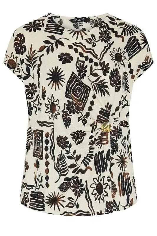 Natural Brown Summer Print Crinkle Grown On Sleeve Top