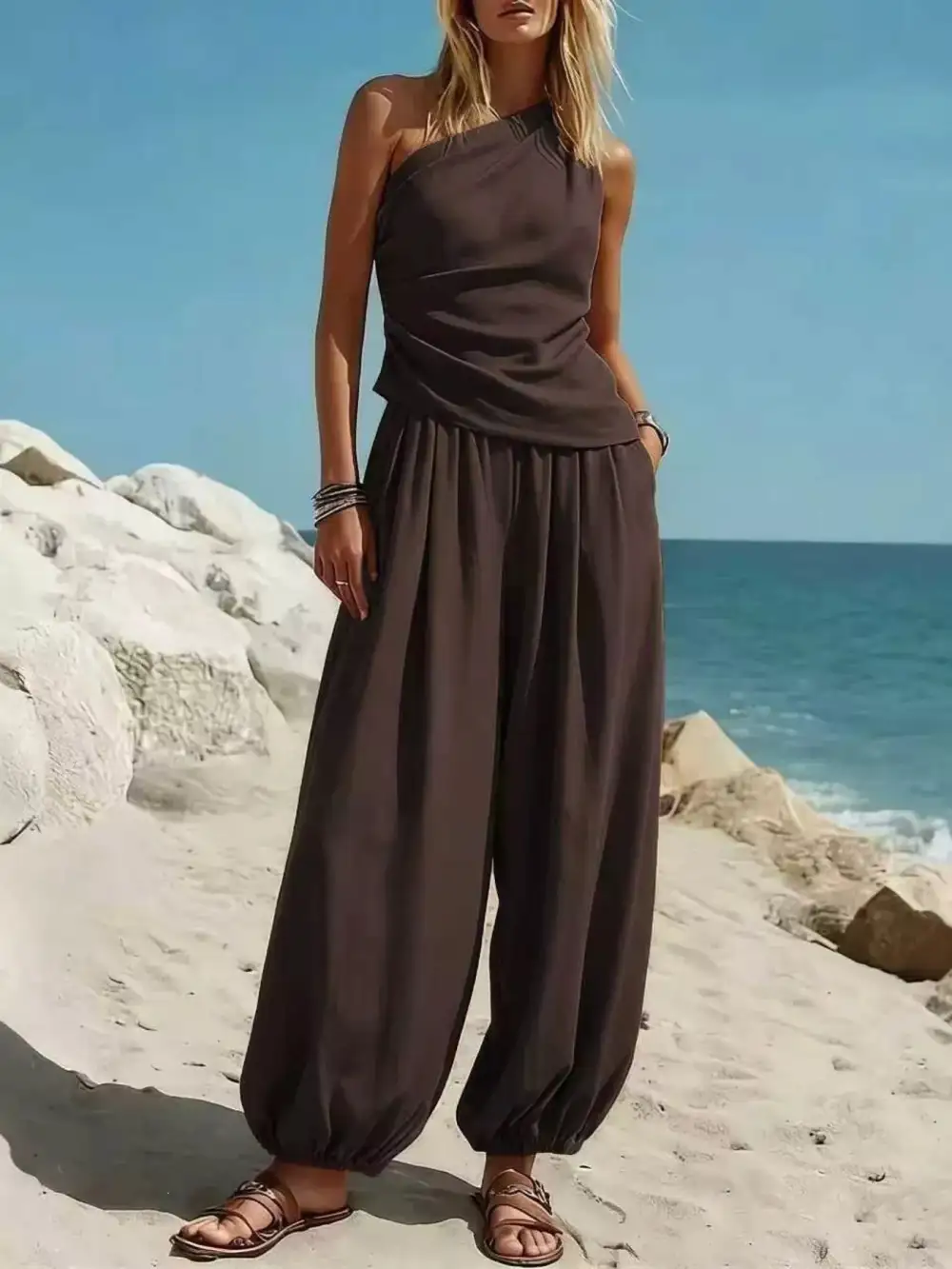 Full Size One Shoulder Top and Wide Leg Pants