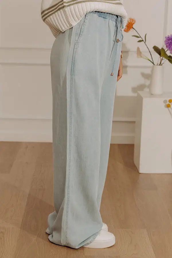 High Waist Relaxed Wide Leg Chambray Drawstring Elastic Waist Pants