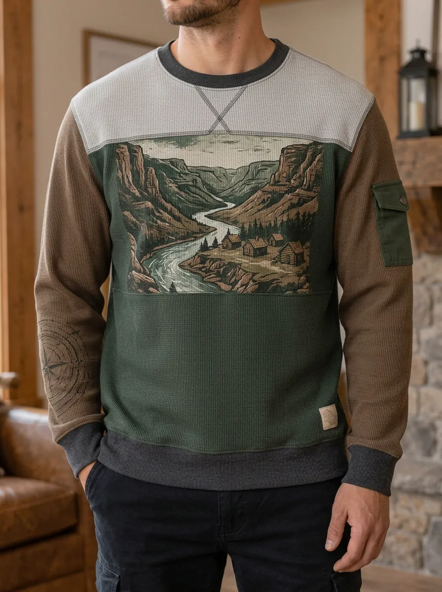 Men's Multi-Tone Graphic Waffle Knit Crewneck Sweatshirt