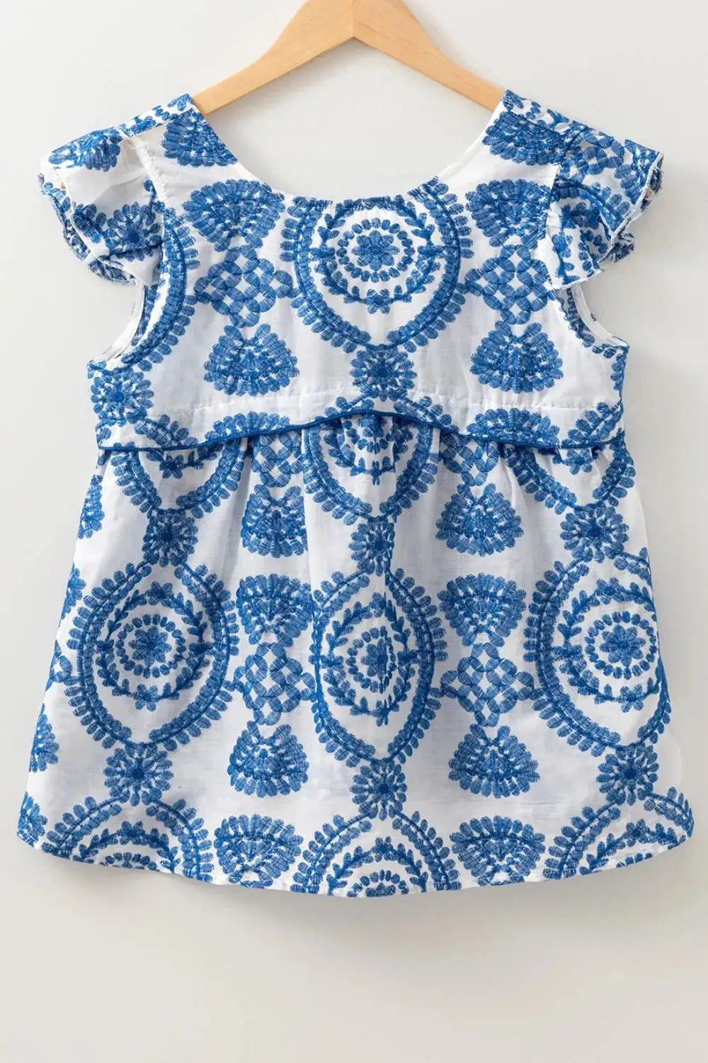 Boho Print Ruffled Cap Sleeve Crew Neck Blouse