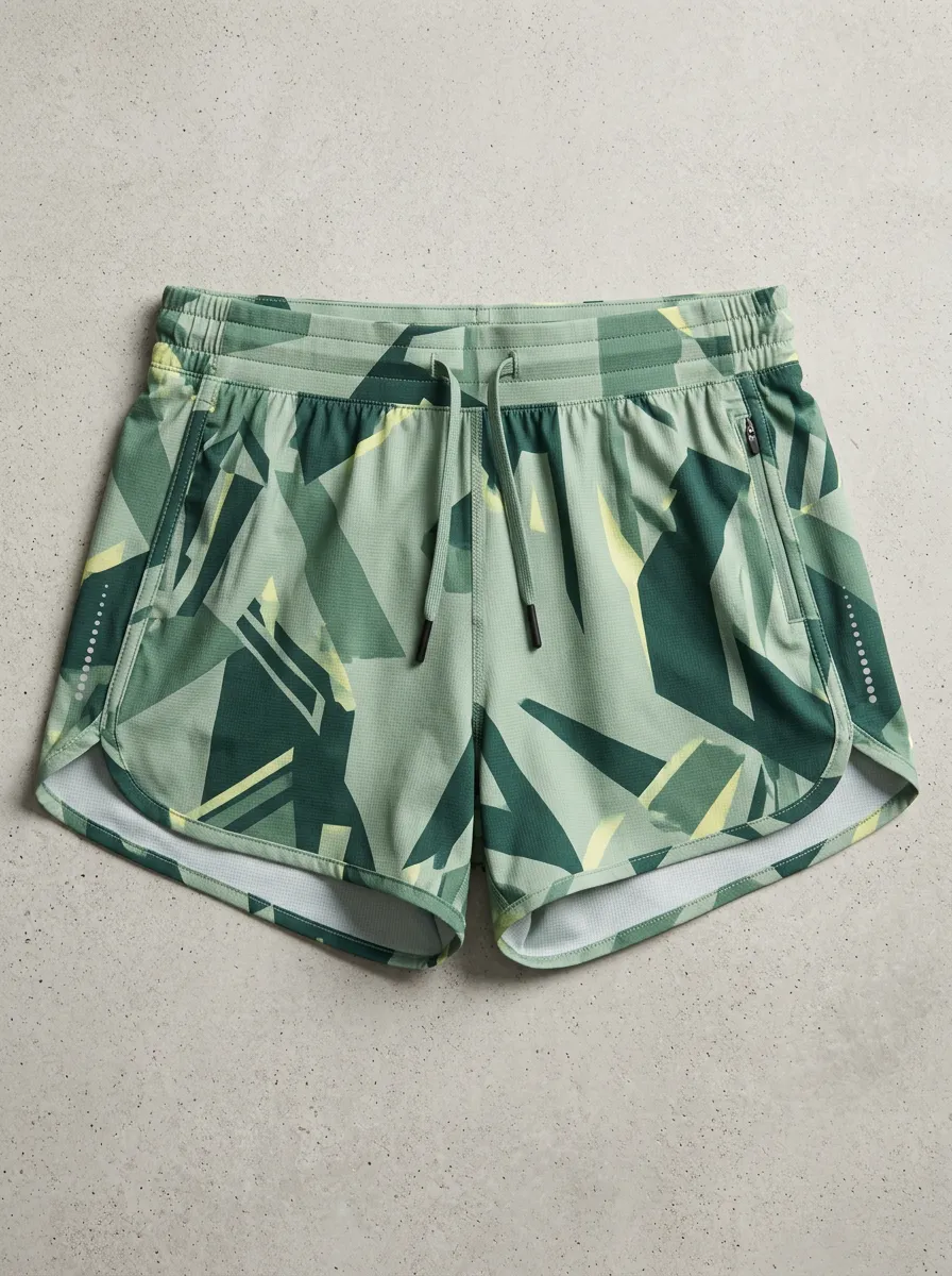 Women's Athletic Fitness Green Geometric Printed Running Shorts