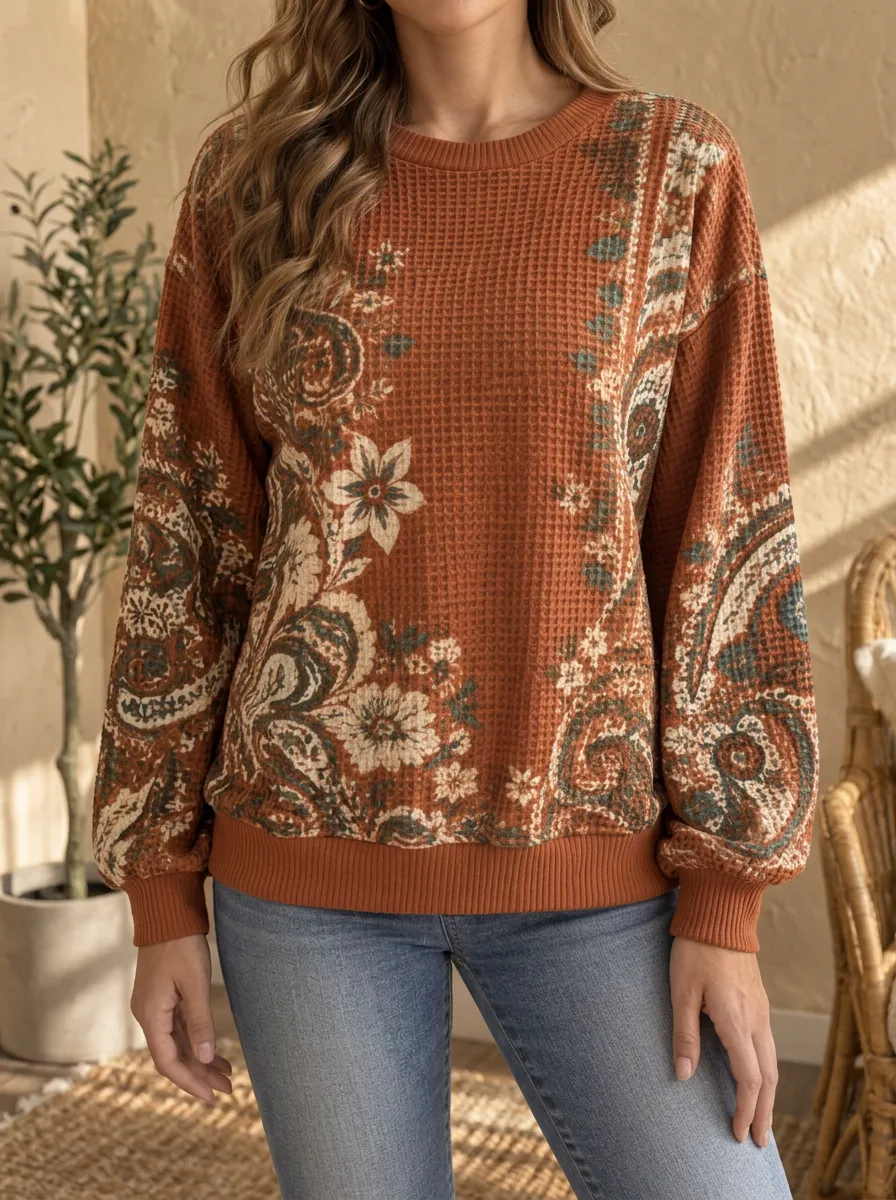 Women's Textured Boho Paisley Floral Waffle Knit Crewneck Sweatshirt