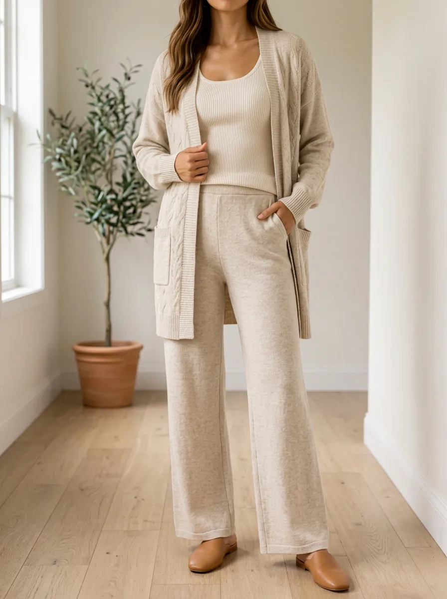 Women's Daily Wear Cable Knit Cardigan And Wide Leg Pants With Tank Top Three Piece Outfit