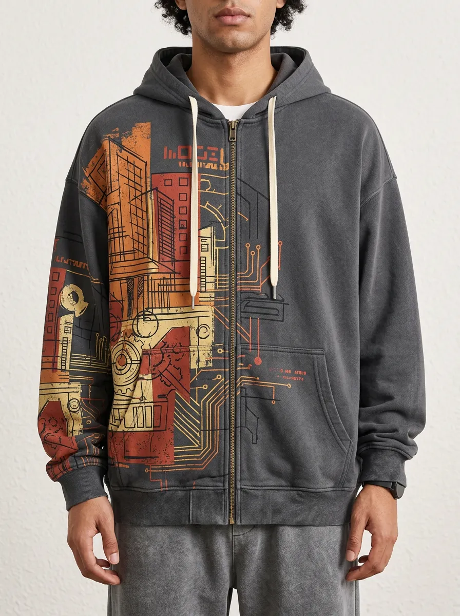 Men's Cyberpunk City Circuit Geometric Detail Zip-Up Hoodie