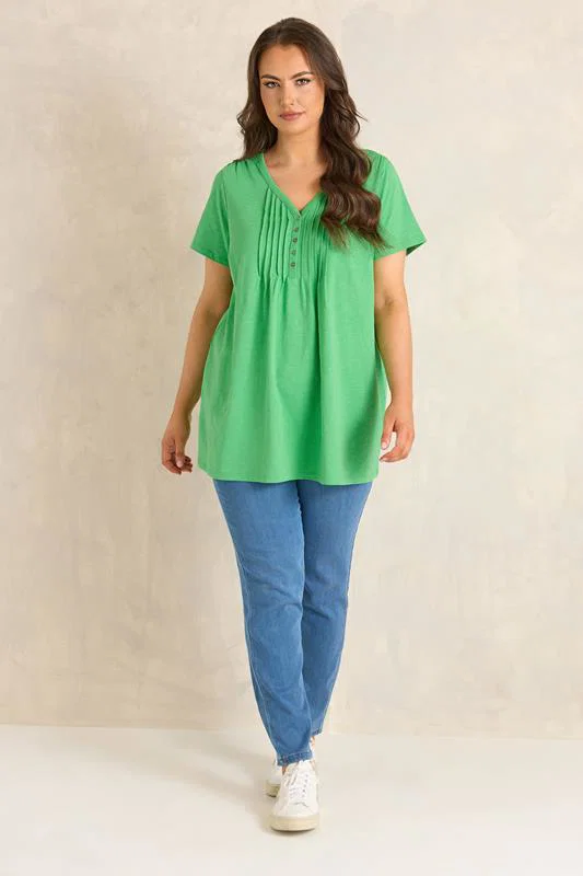 Green Short Sleeve Cotton Henley Top detail 1