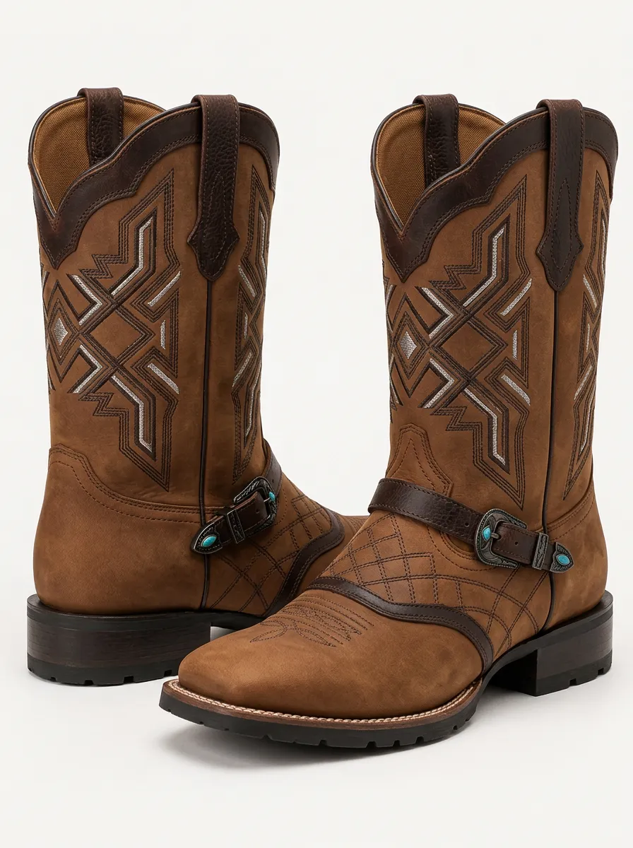 Men's Red Cowboy Boots with Geometric Detail and Embroidered Detail