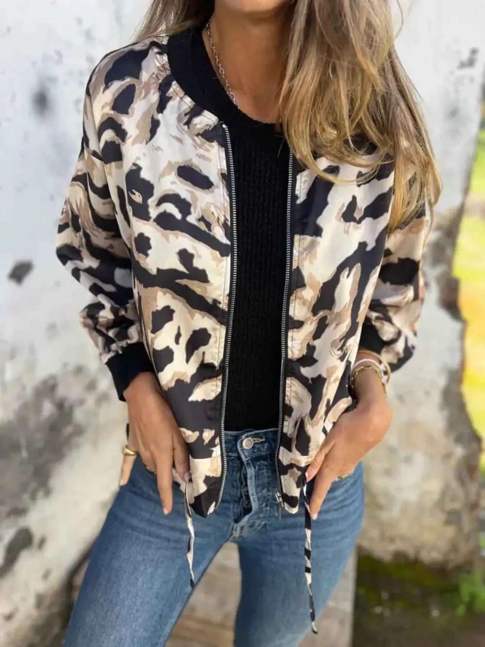 Plus Size Zip-Up Zebra Printed Bomber Jacket