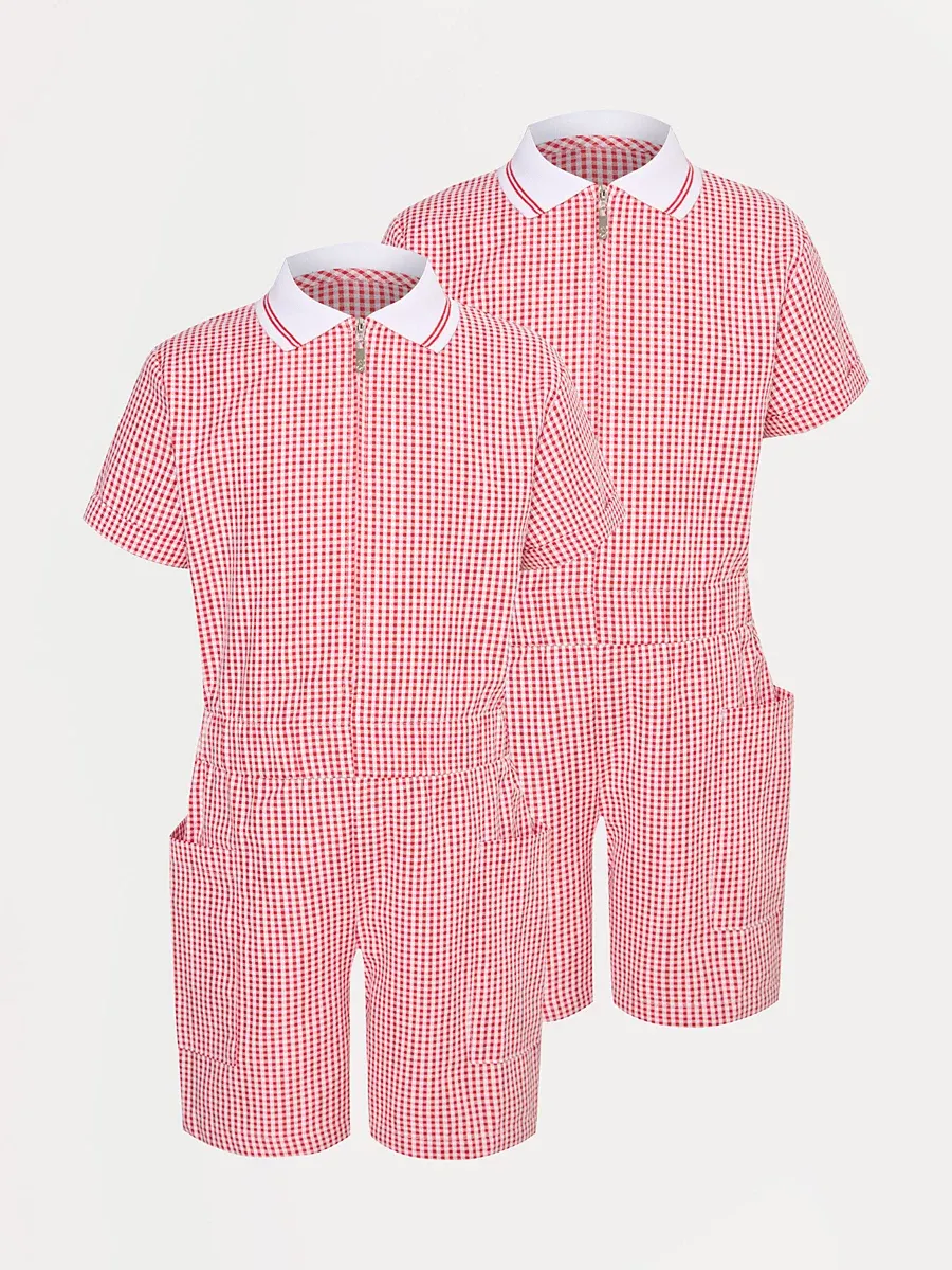 Red Gingham Girls School Playsuit 2 Pack
