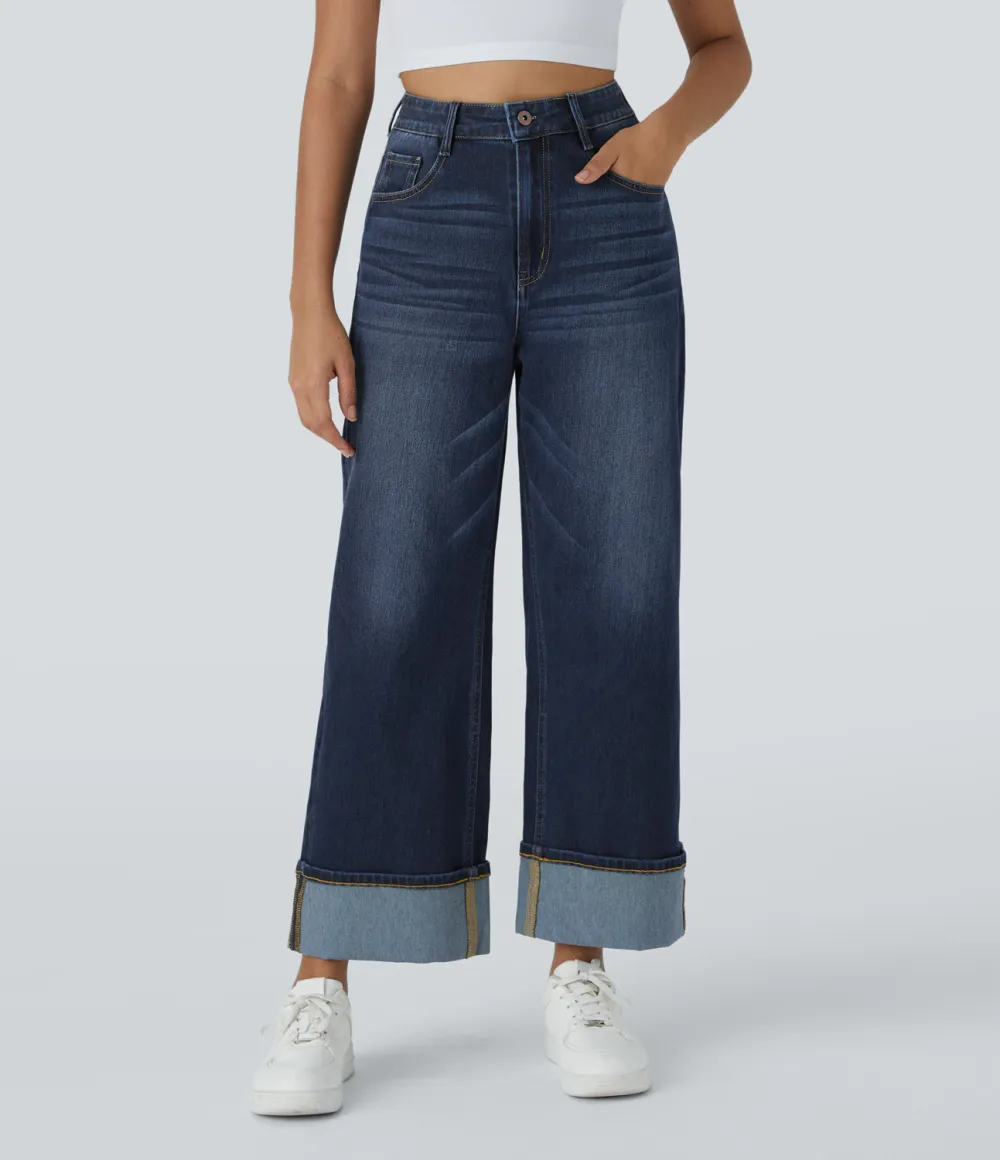 Magic High Waisted Multiple Pockets Rolled Hem Wide Leg Washed Stretchy Knit Casual Jeans