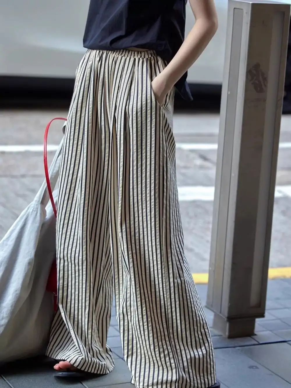 Wide Leg Drawstring Striped Pocketed Pants