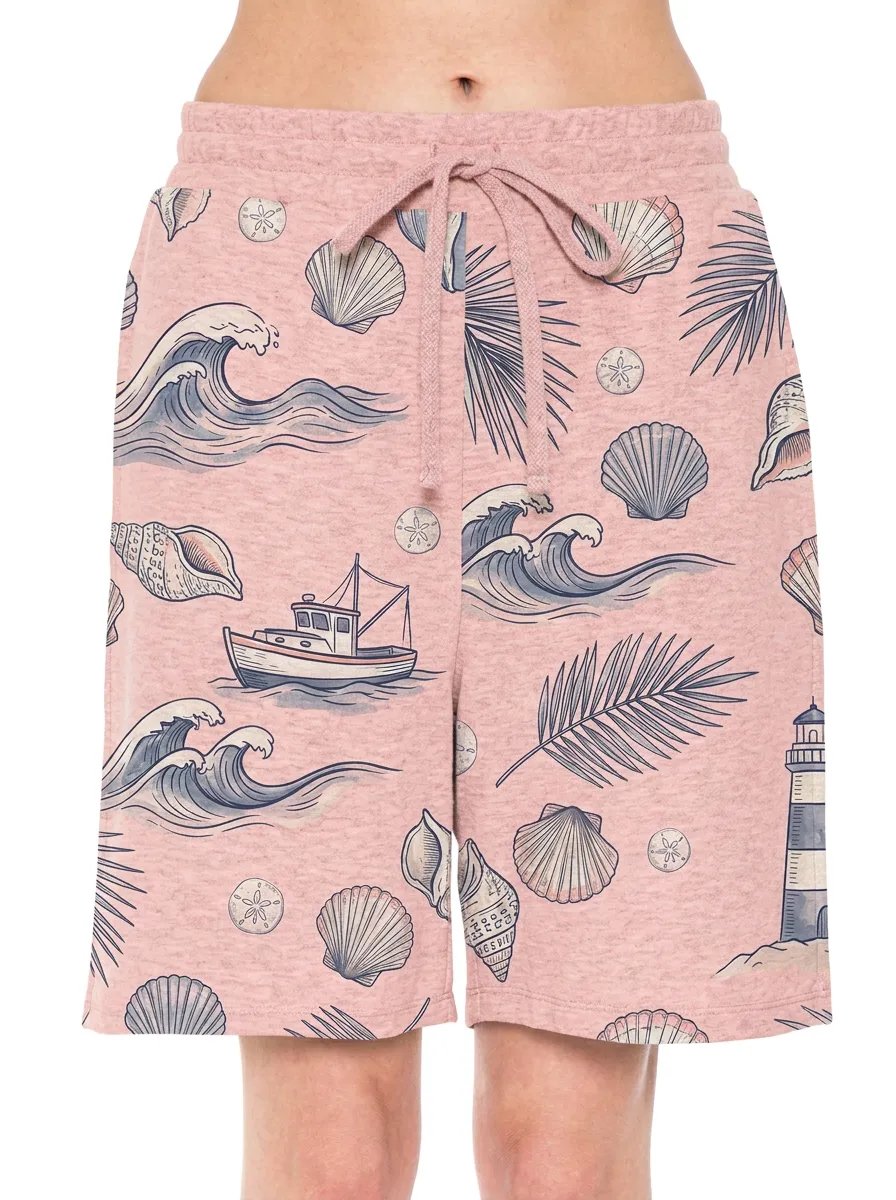 Women's Nautical Beach Theme Seashell Boat Lighthouse Printed Shorts