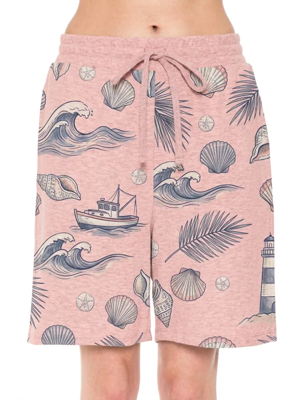 Women's Nautical Beach Theme Seashell Boat Lighthouse Printed Shorts