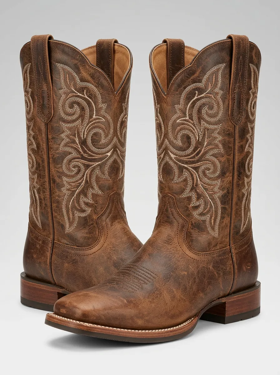 Men's Western Cowboy Embroidered Brown Printed Boots