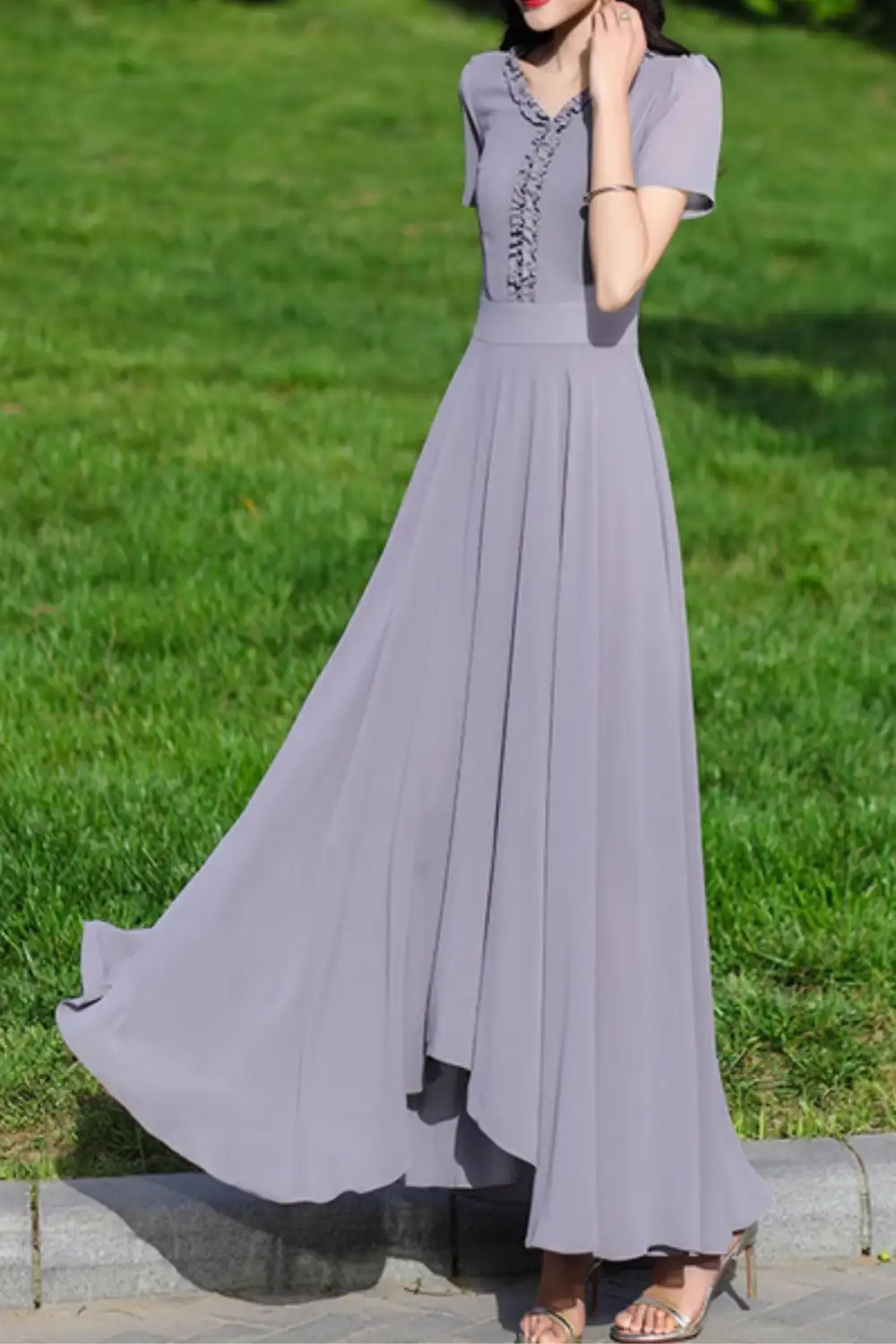 Chiffon Ruffle V Neck Short Sleeve Maxi Dress