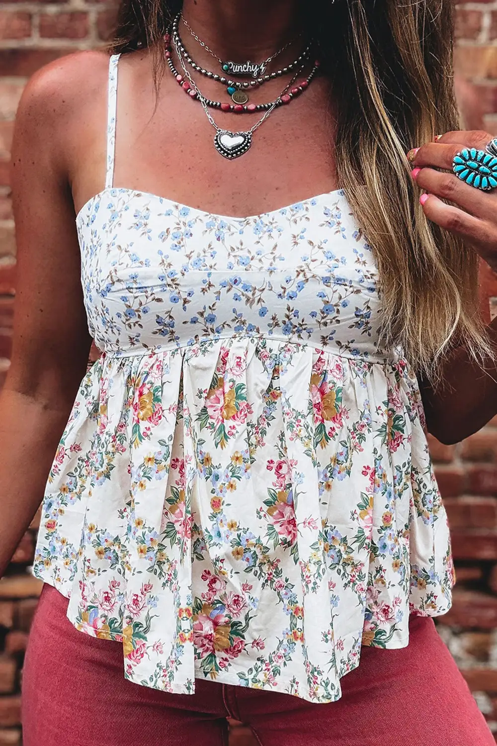 Contrast Floral Printed Patchwork Spaghetti Straps Babydoll Top Tank Top