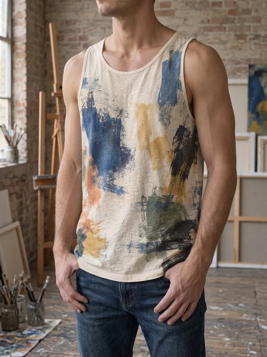 Men's Abstract Art Brushstroke Wide Armhole Tank Top