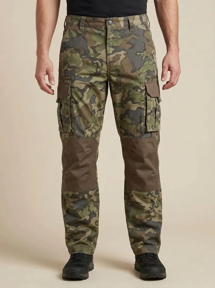 Men's Contrast-Panel Camo Zipper-Pocket Cargo Pants