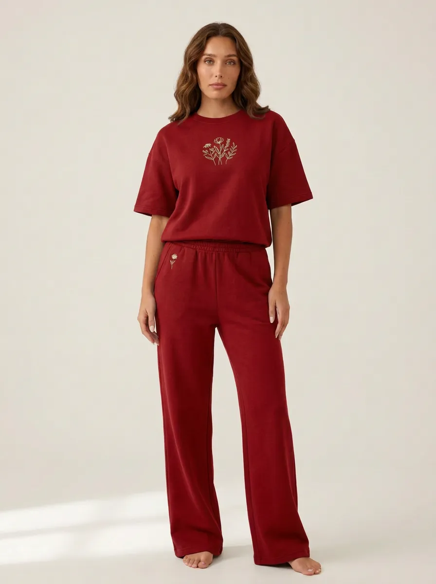 Women's Floral Embroidered Boxy Top And Wide-Leg Trouser Lounge Set