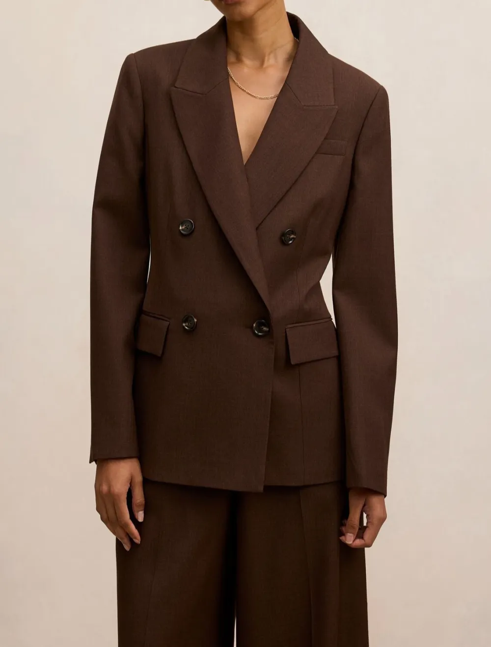 Chocolate Brown Petite Double-Breasted Tailored Blazer