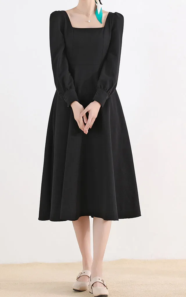 Polyester A Line Swing Square Neck Long Sleeve Midi Dress