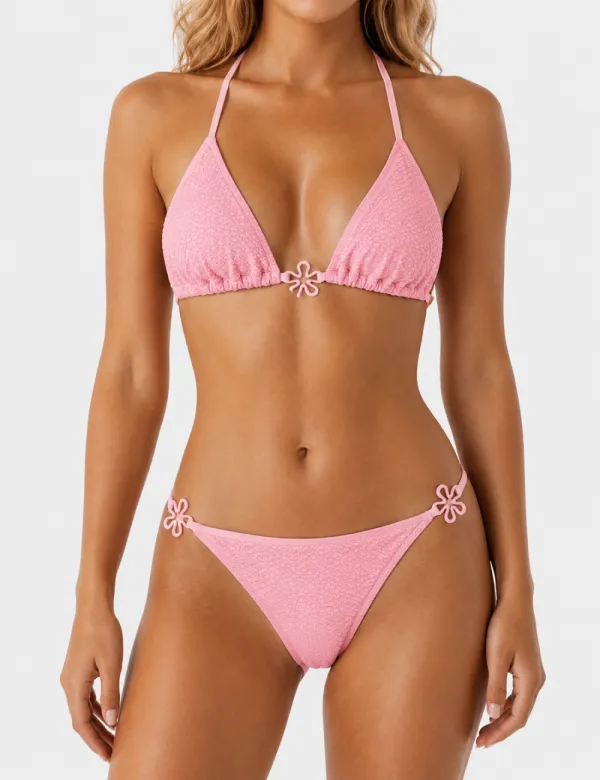 Crochet Flower Accent Triangle Two Piece Bikini Set