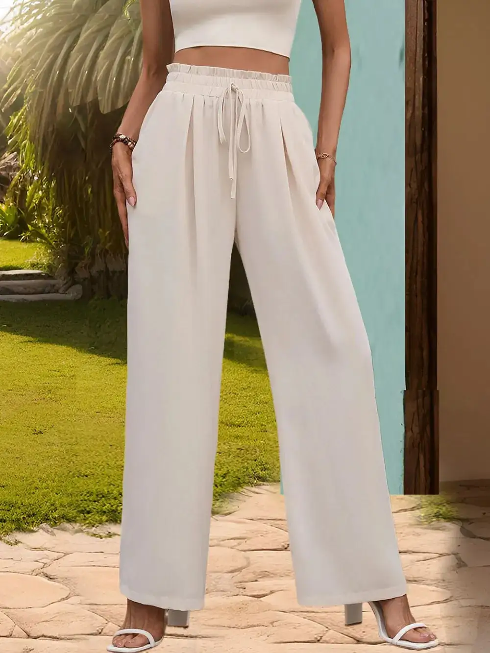 Wide Leg Tie Waist Pocketed Casual Pants