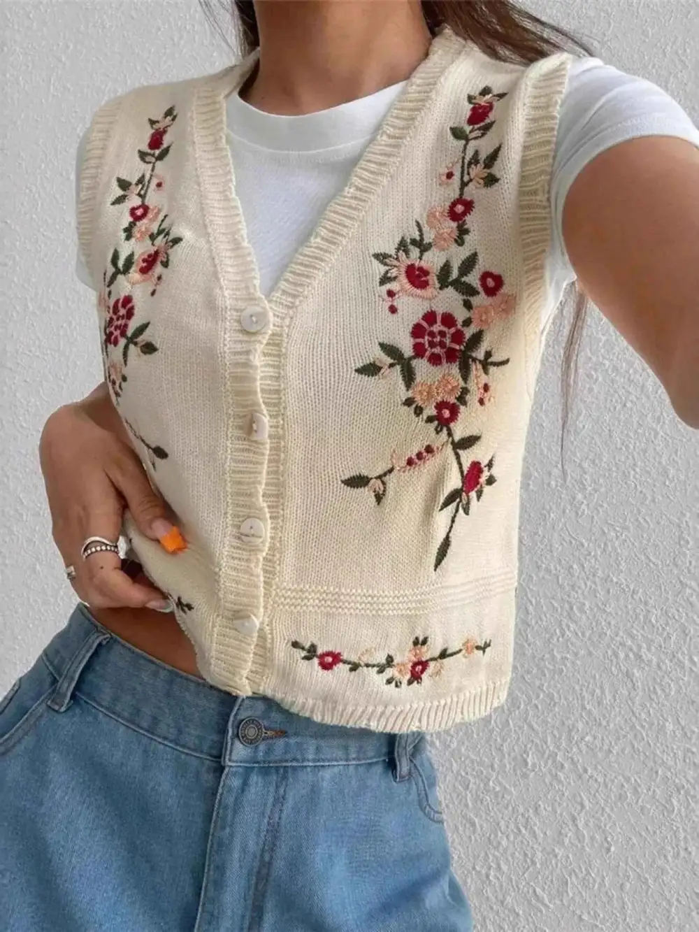 Embroidered Button-Up Sweater Vest