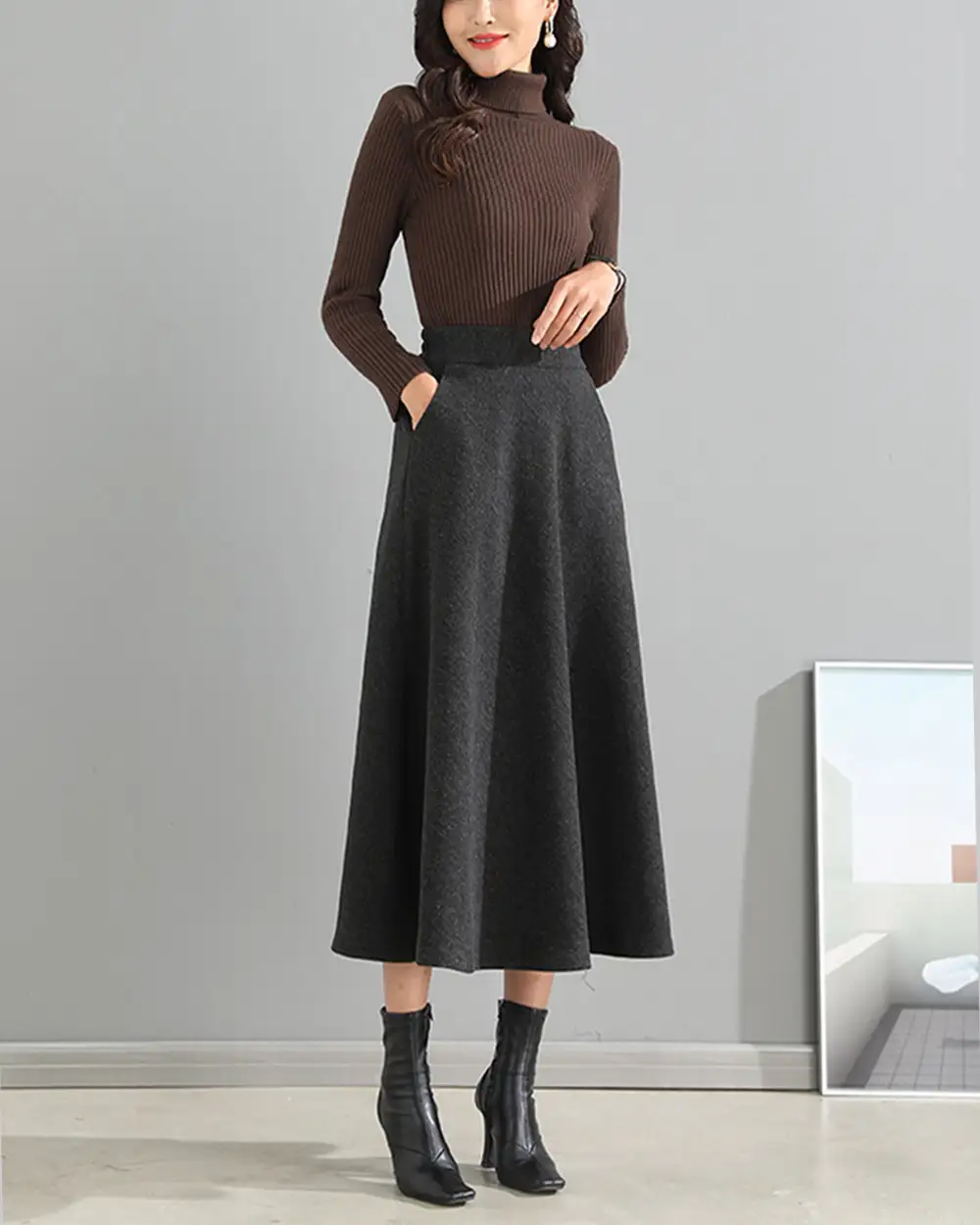Pocketed Wool A Line Maxi Skirt