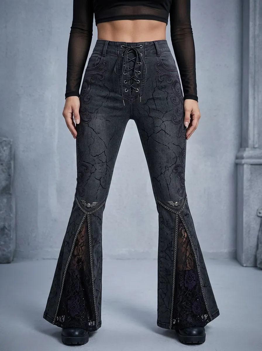 Alternative Lace Lace-Up Chain Victorian Look Women's Gothic Flare Pants